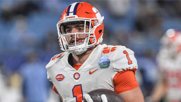 Clemson running back Will Shipley (1) warms up before the ACC Championship football game with North Carolina at Bank of America Stadium in Charlotte, North Carolina Saturday, Dec 3, 2022.